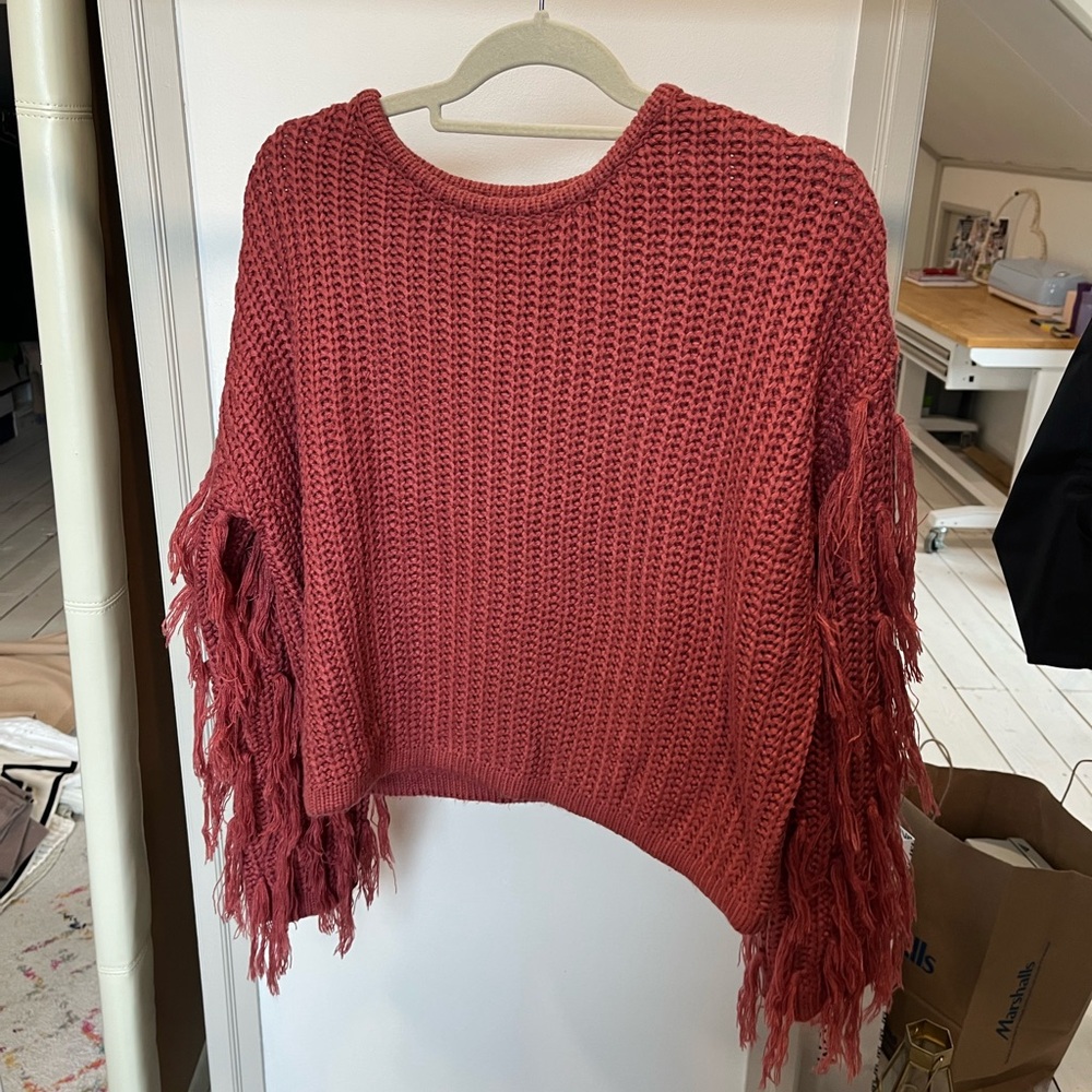 Fringe Sleeve Knit Sweater - Red